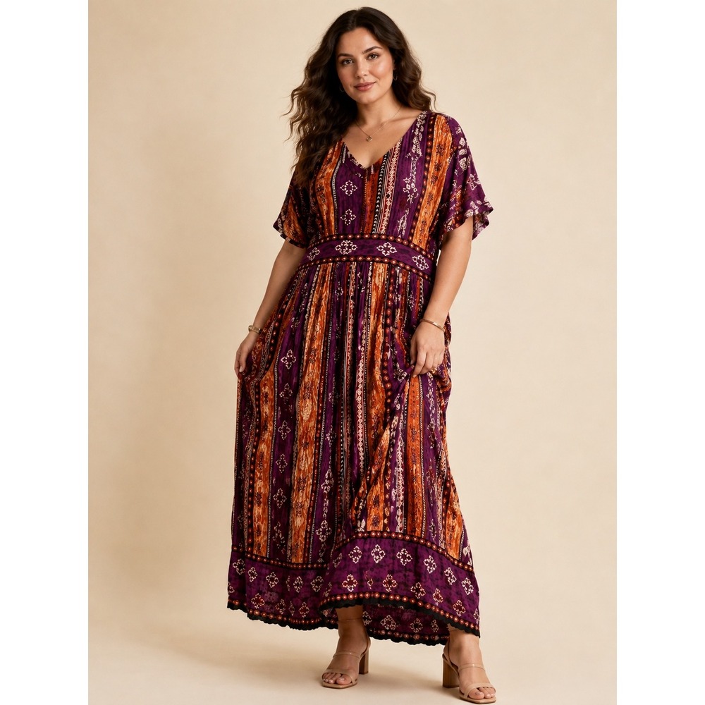 Woman's Bohemian Tribal Print Maxi Dress V-Neck Purple Orange Transitional 2X